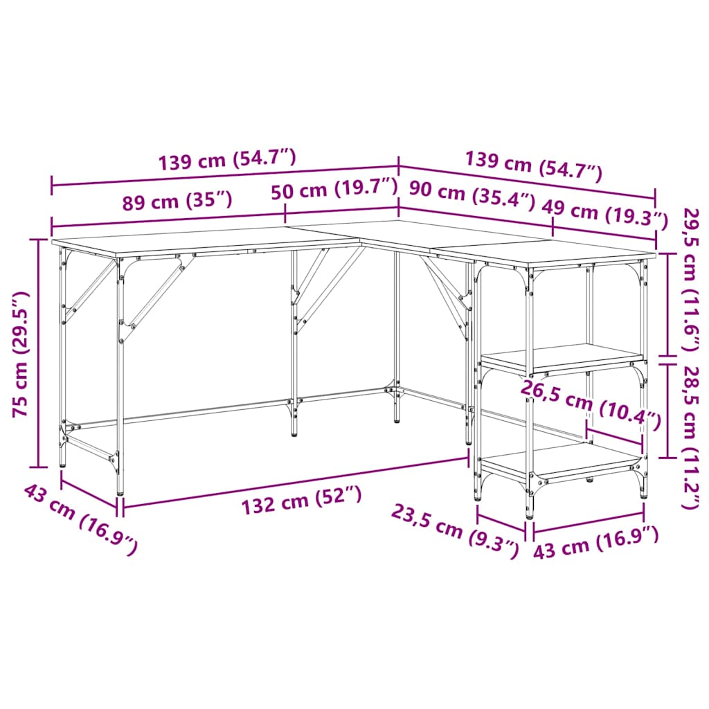 Scrivania Rovere Fumo 139x139x75 cm in Legno Multistrato | homemem39