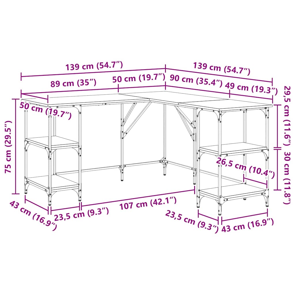 Scrivania Grigio Sonoma 139x139x75 cm in Legno Multistrato