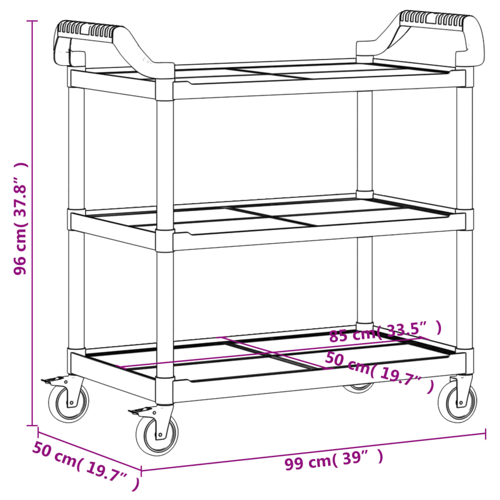 Trolley with 3 Black Shelfs 99x50x96 cm in Aluminium