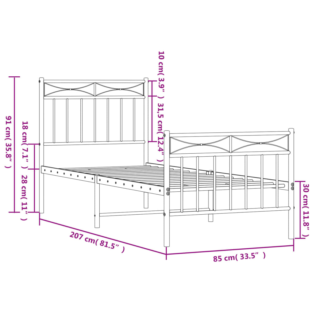 Giroletto con Testiera e Pediera Metallo Nero 80x200 cm | homemem39