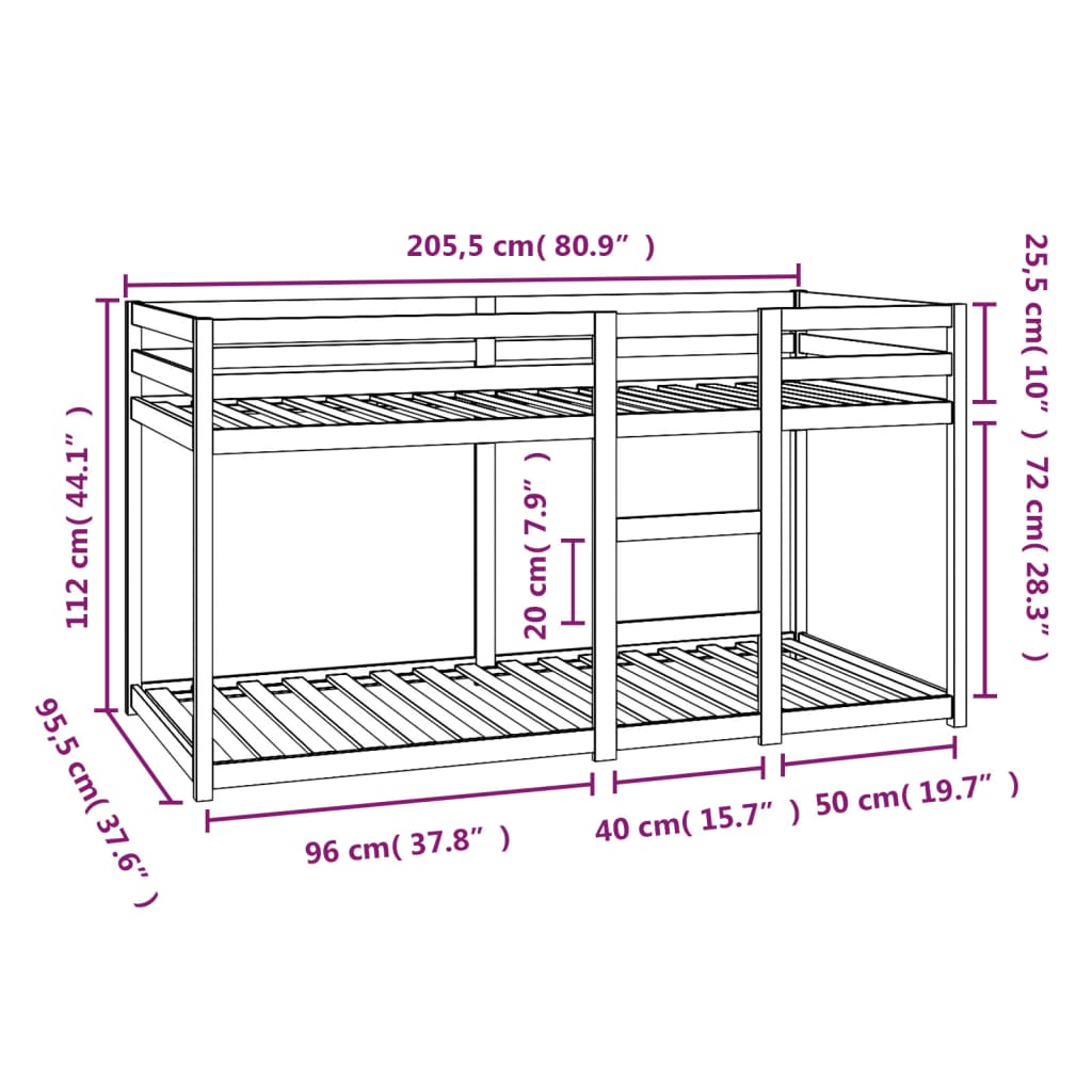 Letto a Castello senza Materasso 90x200cm Massello Pino | homemem39