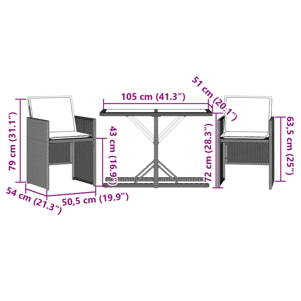 Set da Bistrò 3 pz con Cuscini Grigio Chiaro in Polyrattan | homemem39