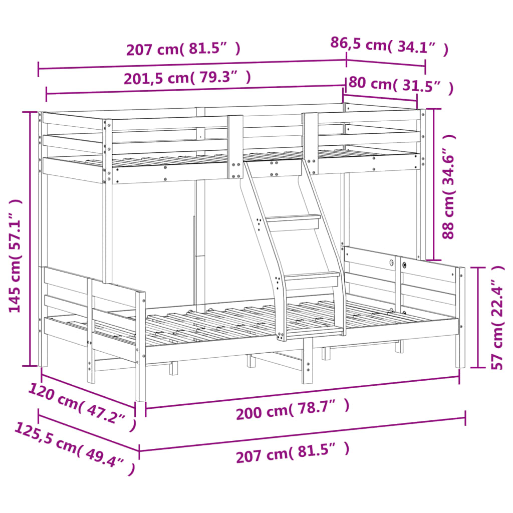 Letto a Castello 80x200/120x200cm Bianco Legno Massello di Pino