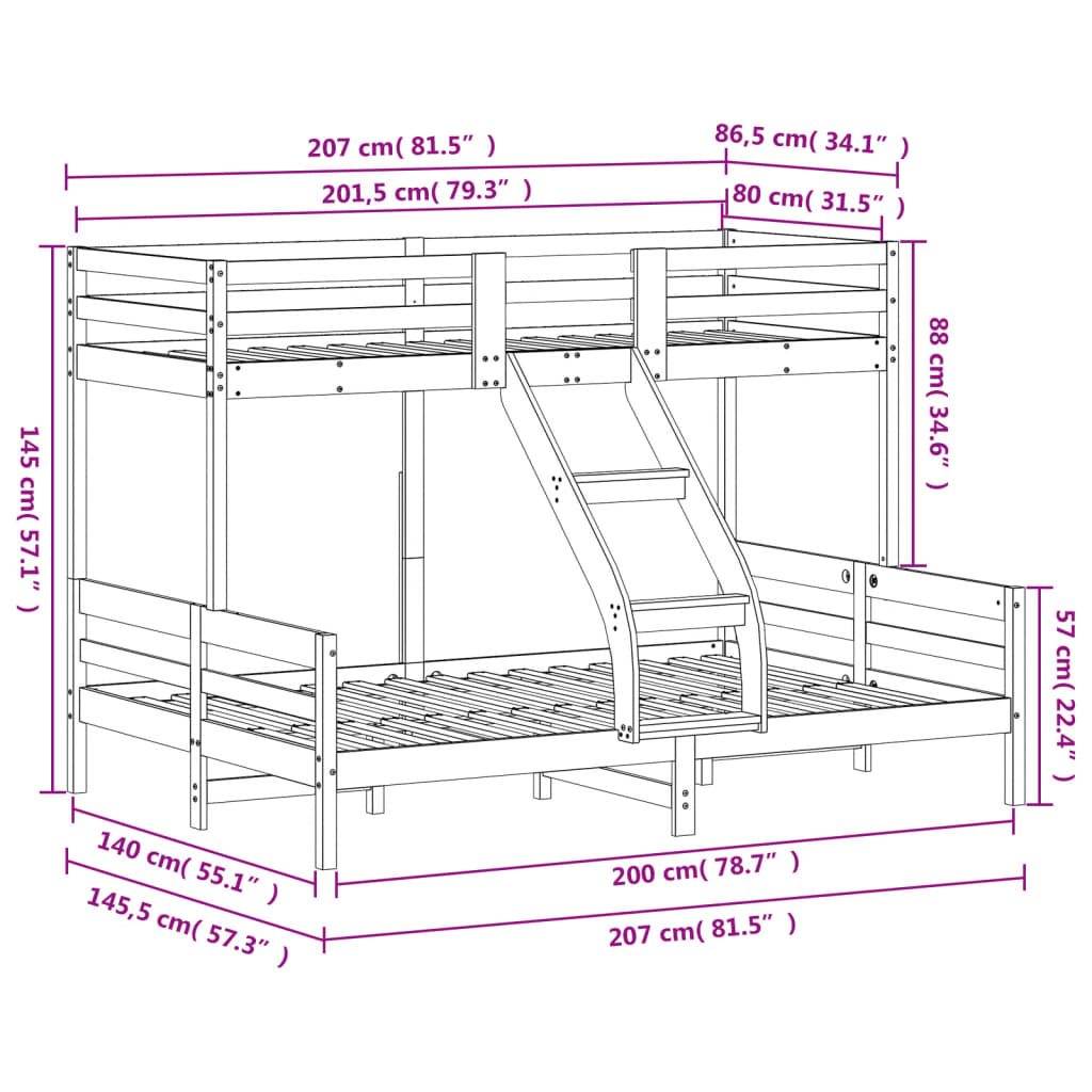 Letto a Castello 80x200/140x200 cm in Legno Massello di Pino | homemem39