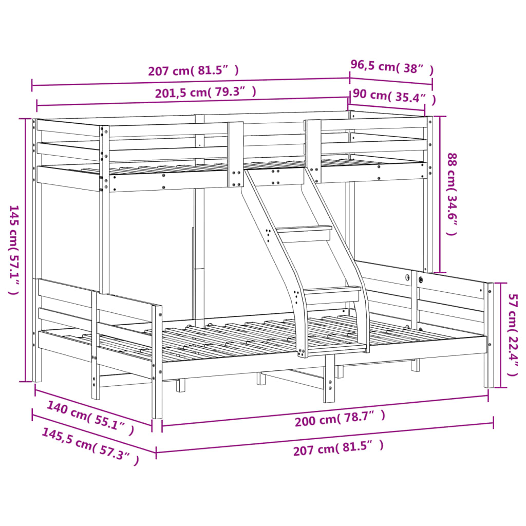 Letto a Castello 90x200/140x200cm Bianco Legno Massello di Pino | homemem39