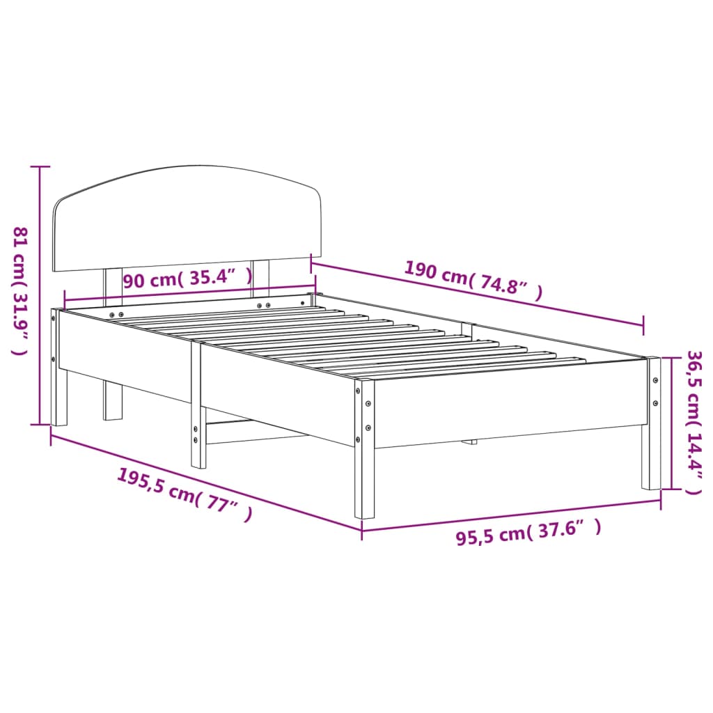Letto senza Materasso 90x190 cm in Legno Massello di Pino
