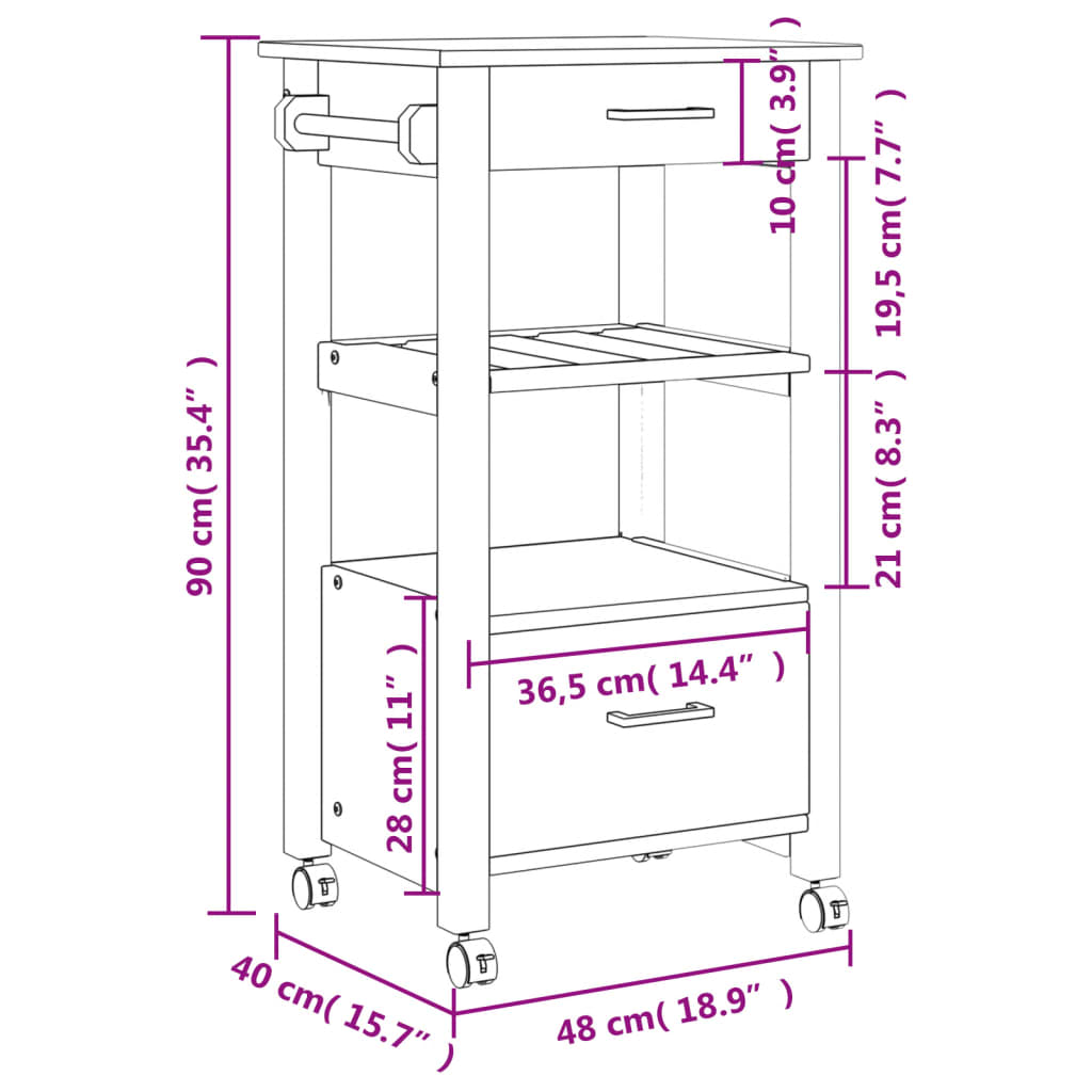 Carrello da Cucina MONZA 48x40x90 cm in Legno Massello di Pino - homemem39