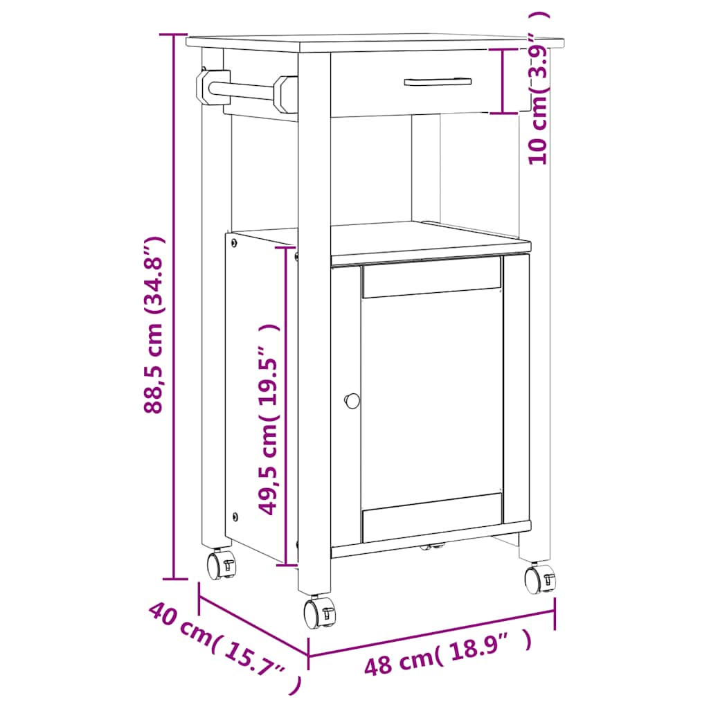 Carrello da Cucina MONZA 48x40x88,5 cm in Legno Massello di Pino | homemem39