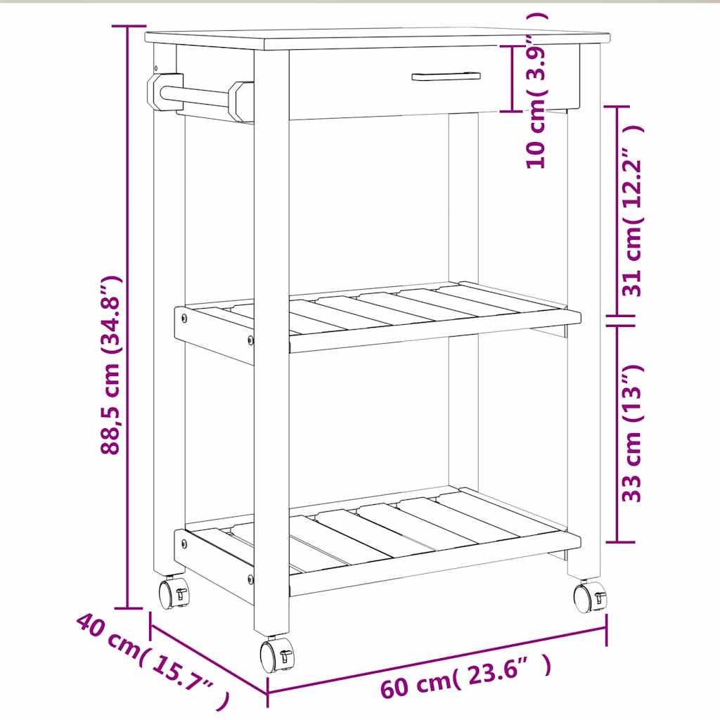 Carrello da Cucina MONZA 60x40x88,5 cm in Legno Massello di Pino