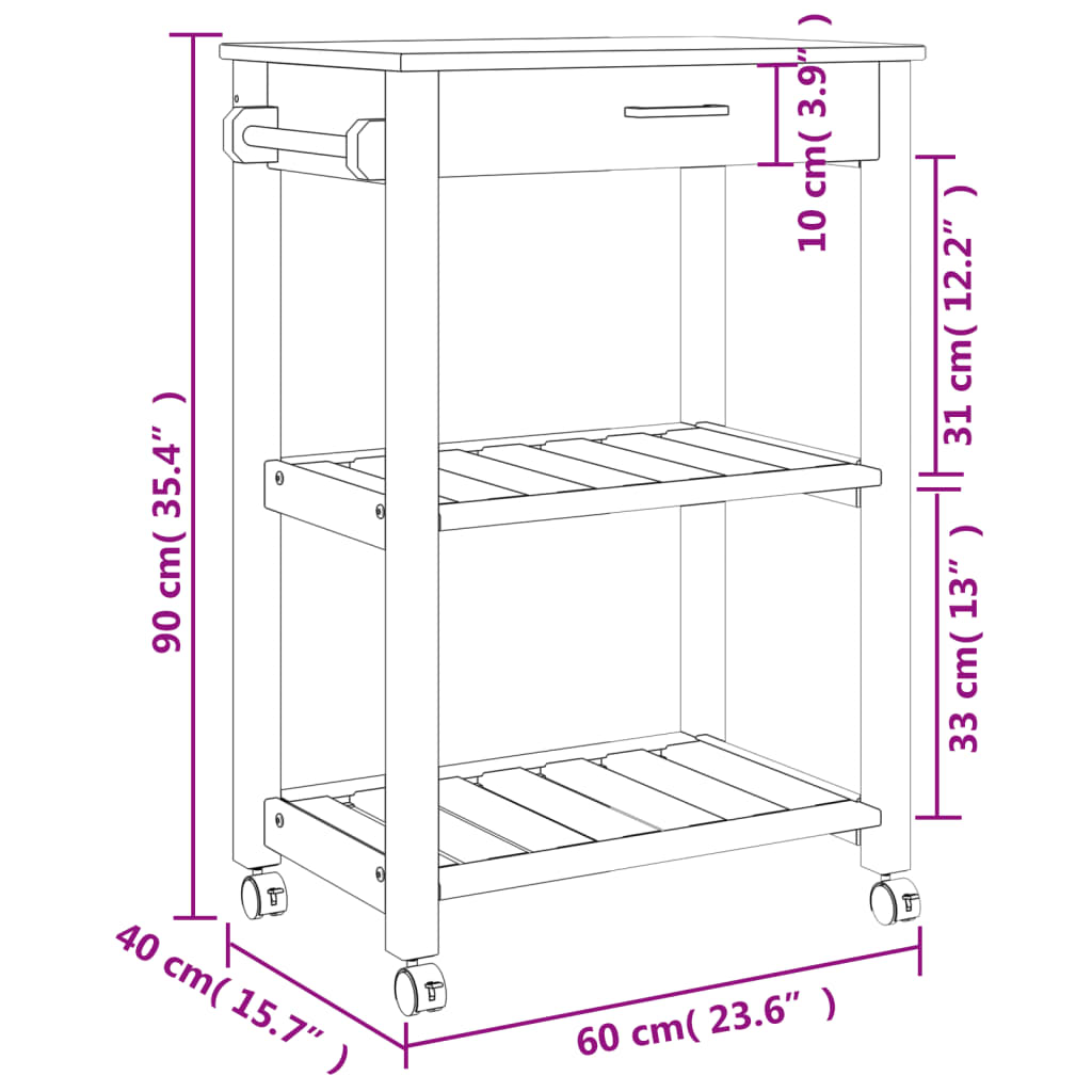Carrello da Cucina MONZA 60x40x90 cm in Legno Massello di Pino - homemem39