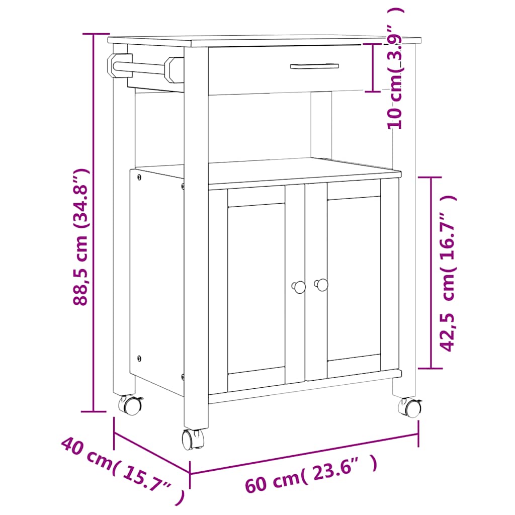 Carrello da Cucina MONZA 60x40x88,5 cm in Legno Massello di Pino