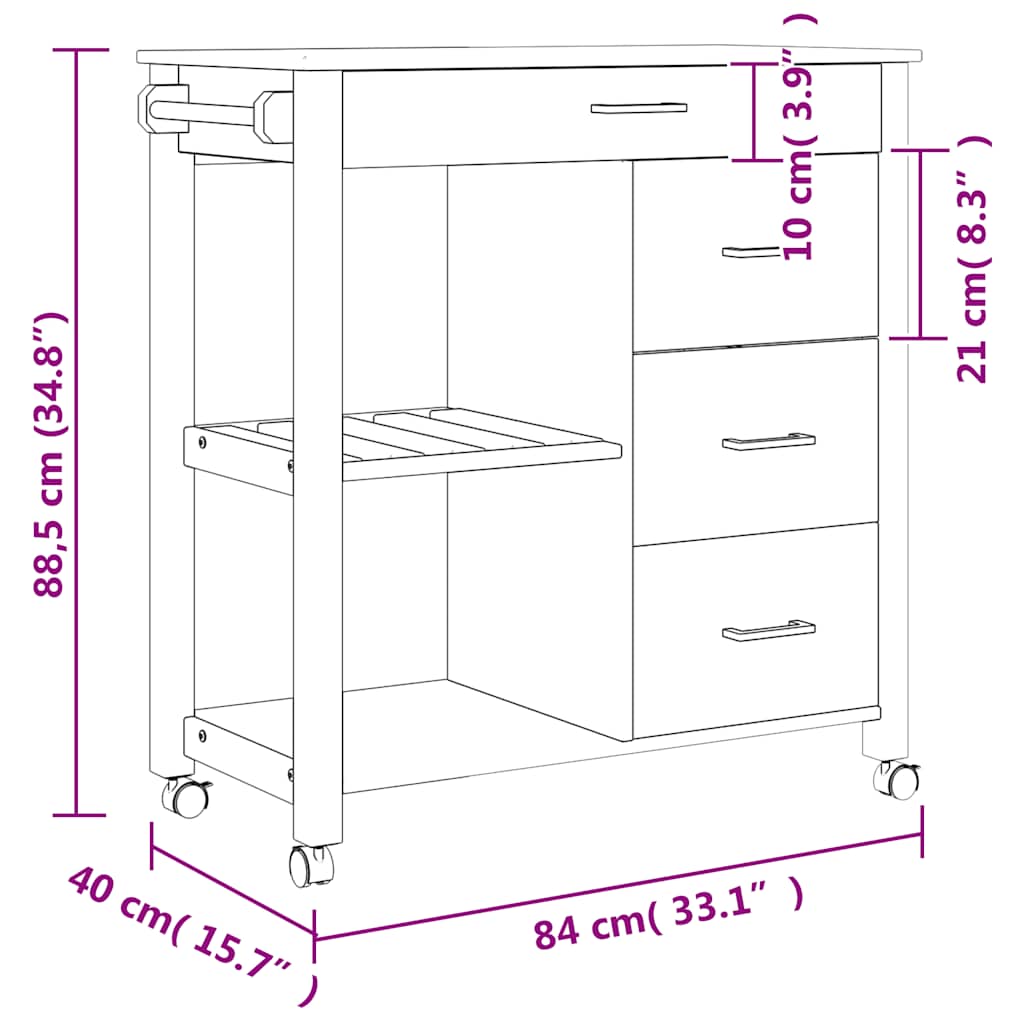 Carrello da Cucina MONZA 84x40x88,5 cm in Legno Massello di Pino | homemem39