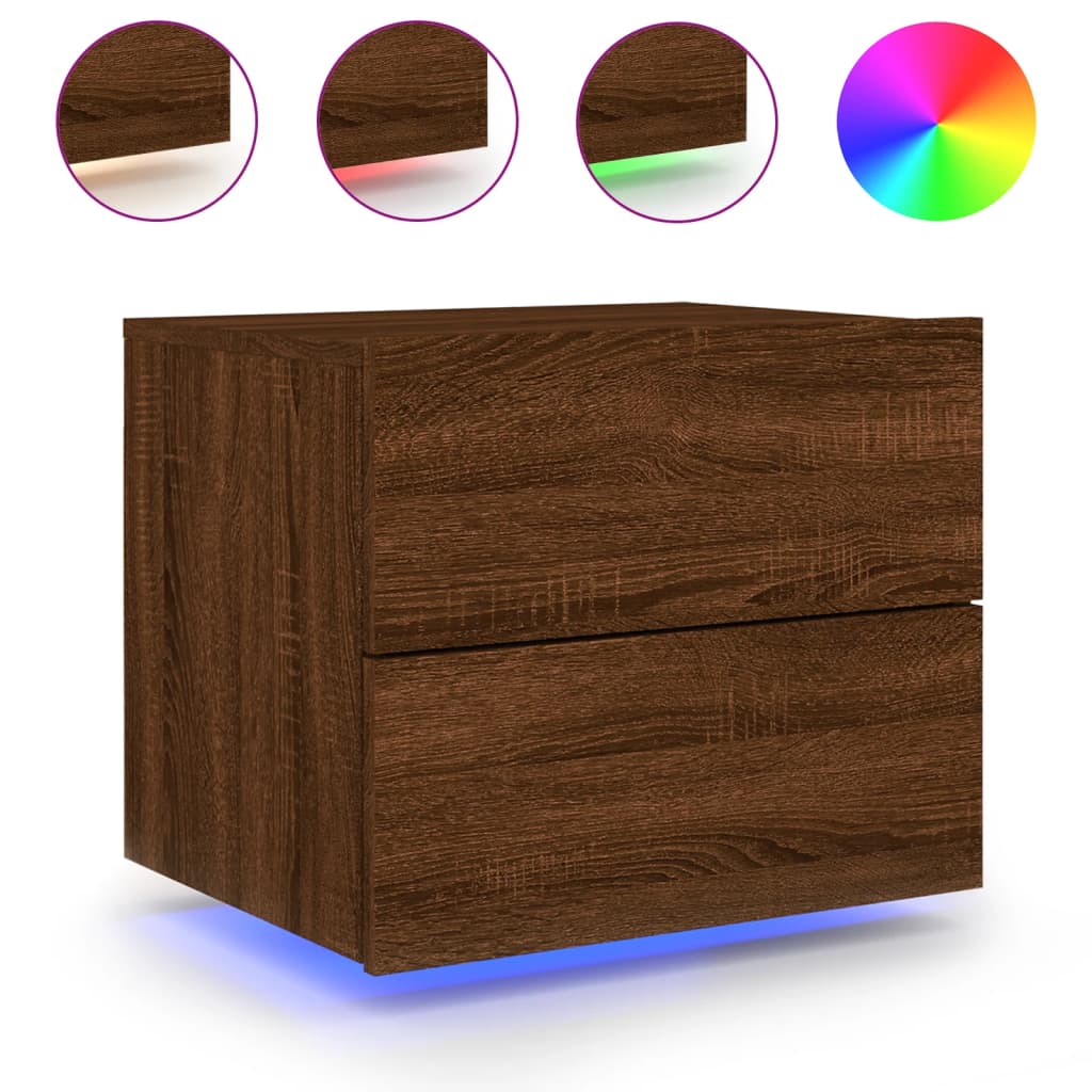 Comodini a Parete con luci LED 2 pz Rovere Marrone