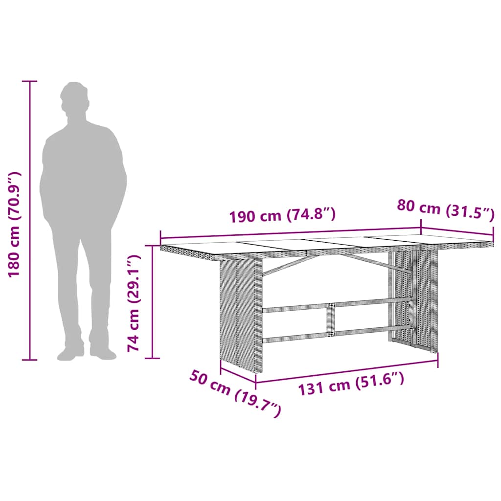 Tavolo da Giardino Piano in Vetro Nero 190x80x74 cm Polyrattan - homemem39