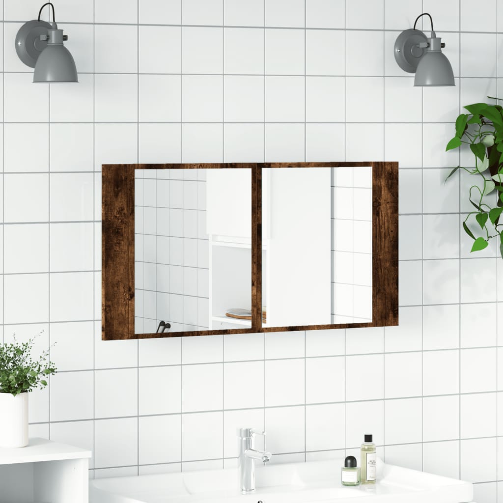 Armadietto a Specchio con LED Rovere Fumo 90x12x45cm Acrilico - homemem39