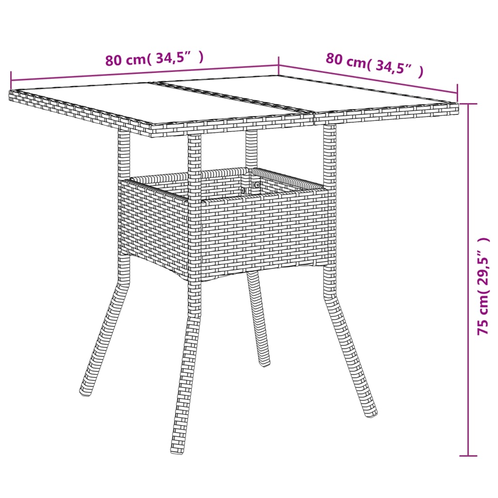 Tavolo da Giardino Piano in Vetro Nero 80x80x75 cm Polyrattan | homemem39