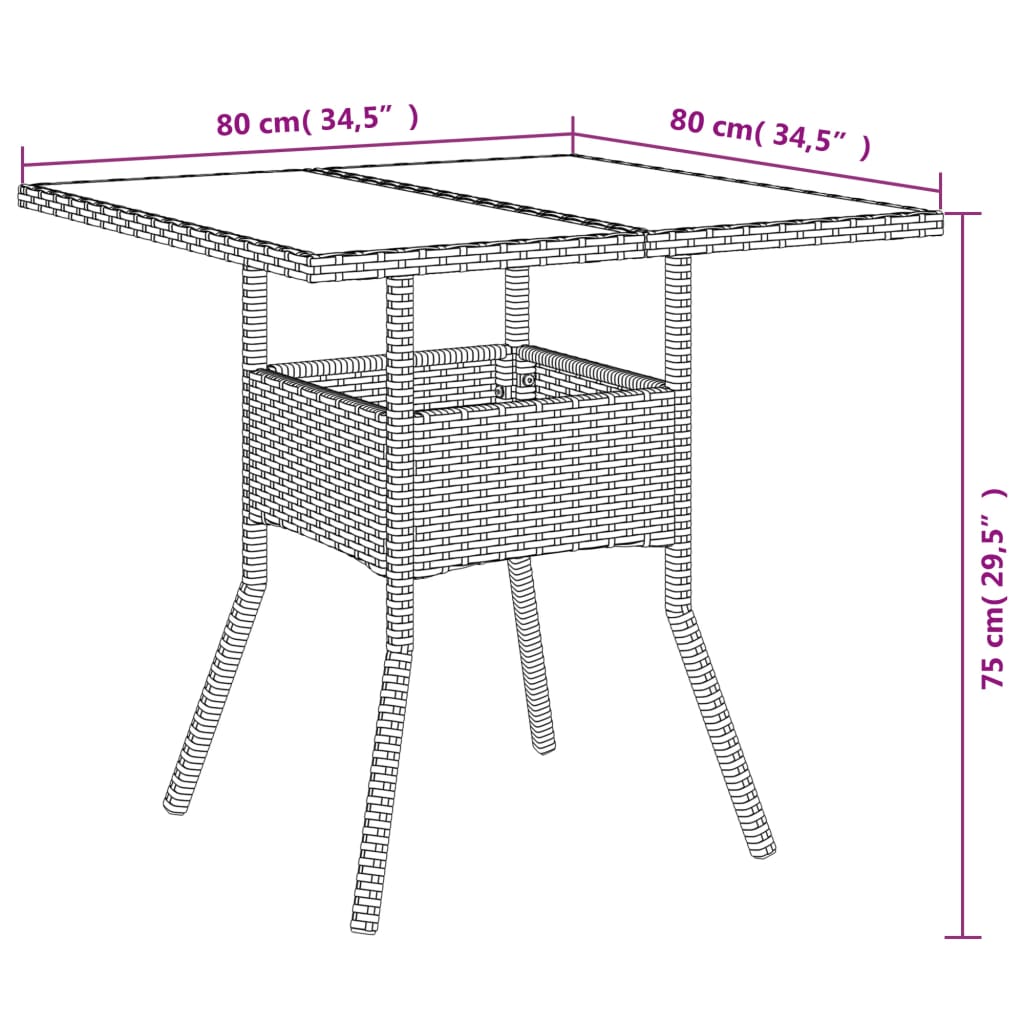 Tavolo da Giardino Piano in Vetro Grigio 80x80x75 cm Polyrattan | homemem39