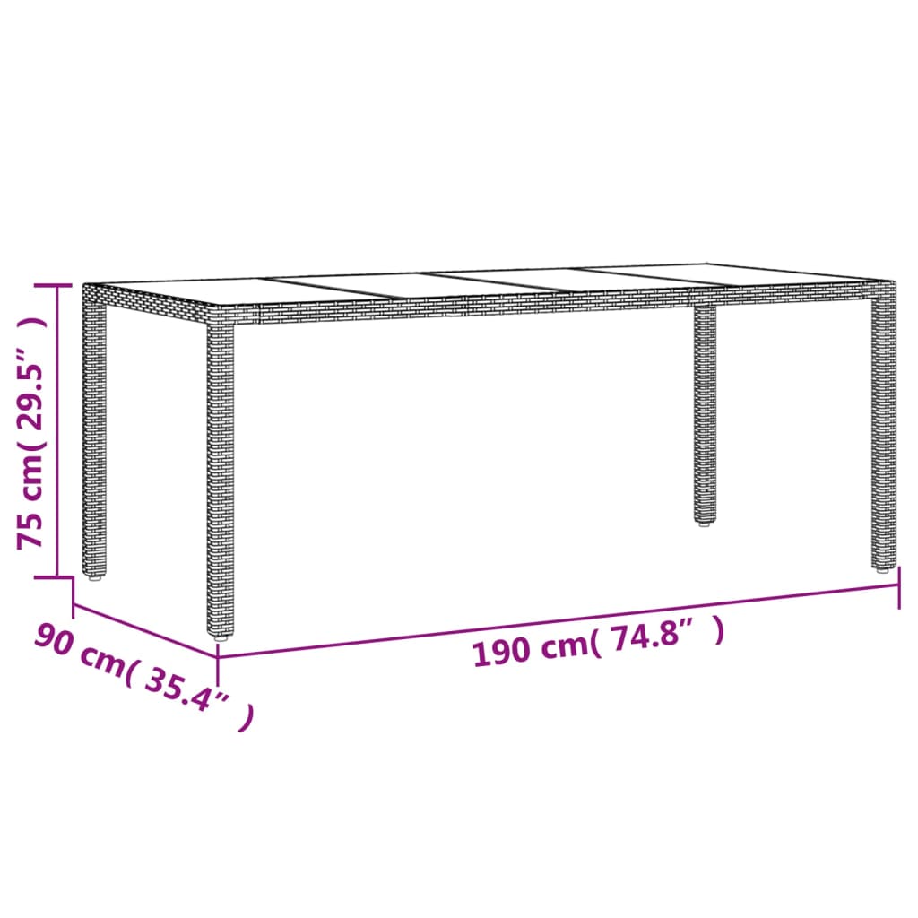 Tavolo da Giardino Piano in Vetro Beige 190x90x75 cm Polyrattan | homemem39