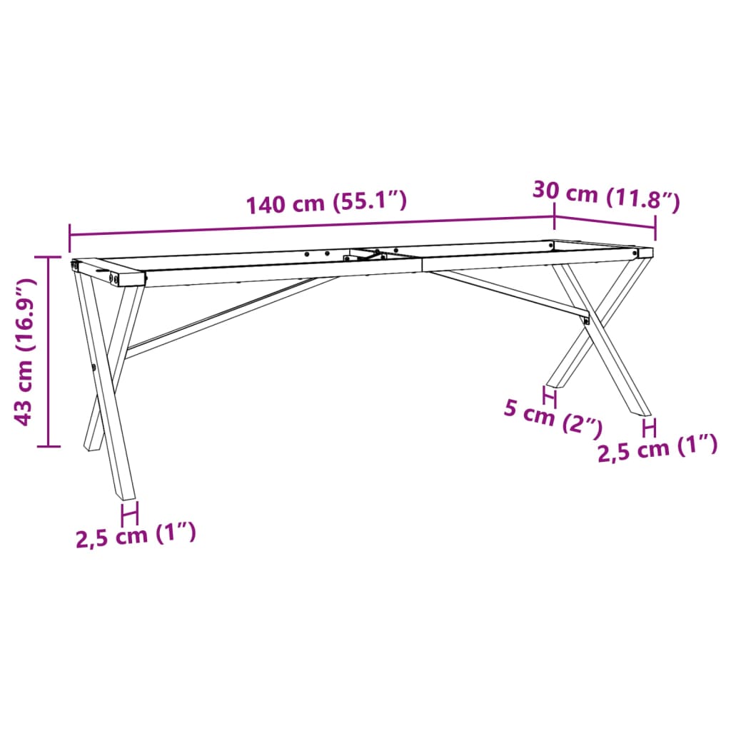 Telaio Gambe a X per Tavolino da Salotto 140x30x43cm in Acciaio