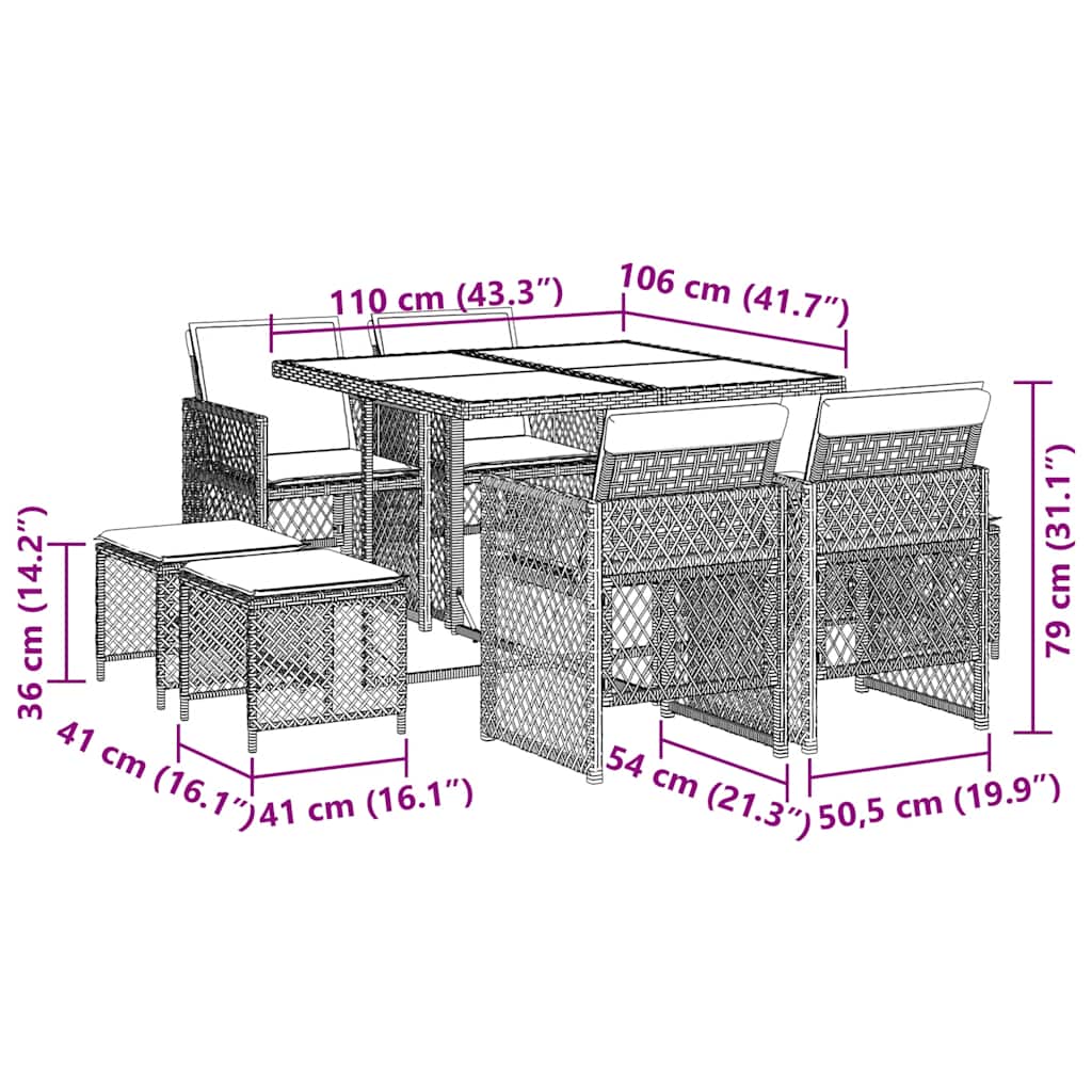 Set da Pranzo da Giardino 9 pz con Cuscini Nero in Polyrattan | homemem39