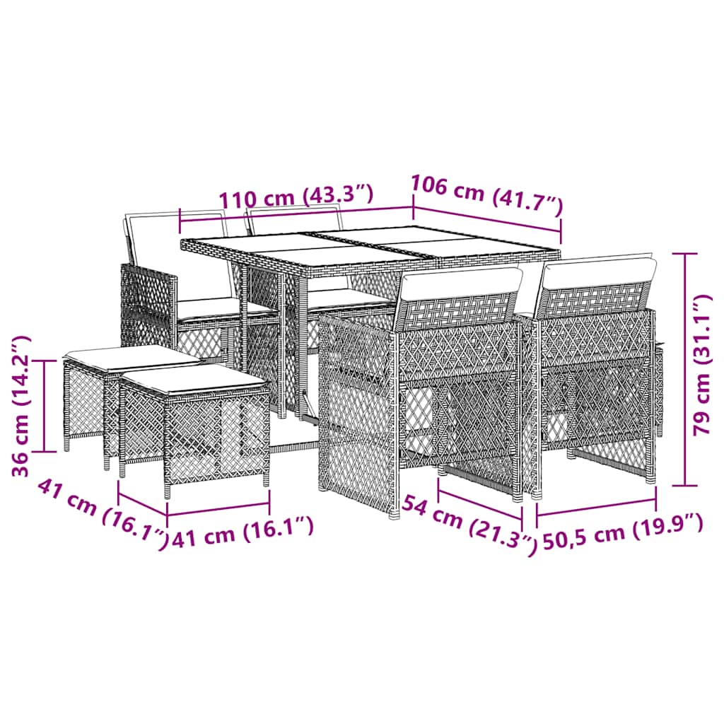 Set da Pranzo da Giardino 9pz con Cuscini Marrone in Polyrattan | homemem39