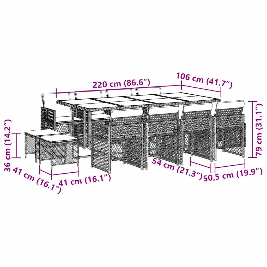 Set da Pranzo da Giardino 13 pz con Cuscini Beige in Polyrattan | homemem39