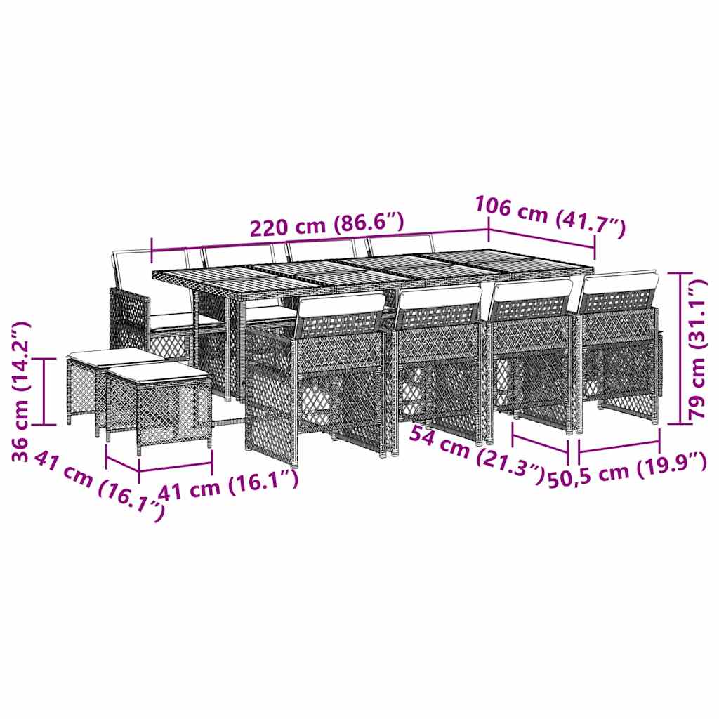 Set da Pranzo da Giardino 13pz con Cuscini Grigio in Polyrattan | homemem39