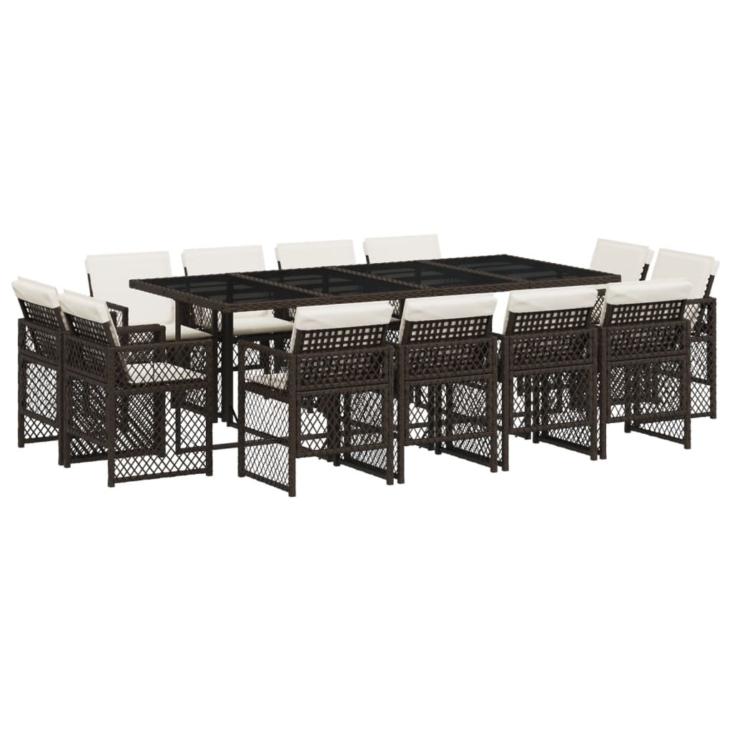 Set da Pranzo da Giardino 13pz con Cuscini Marrone Polyrattan