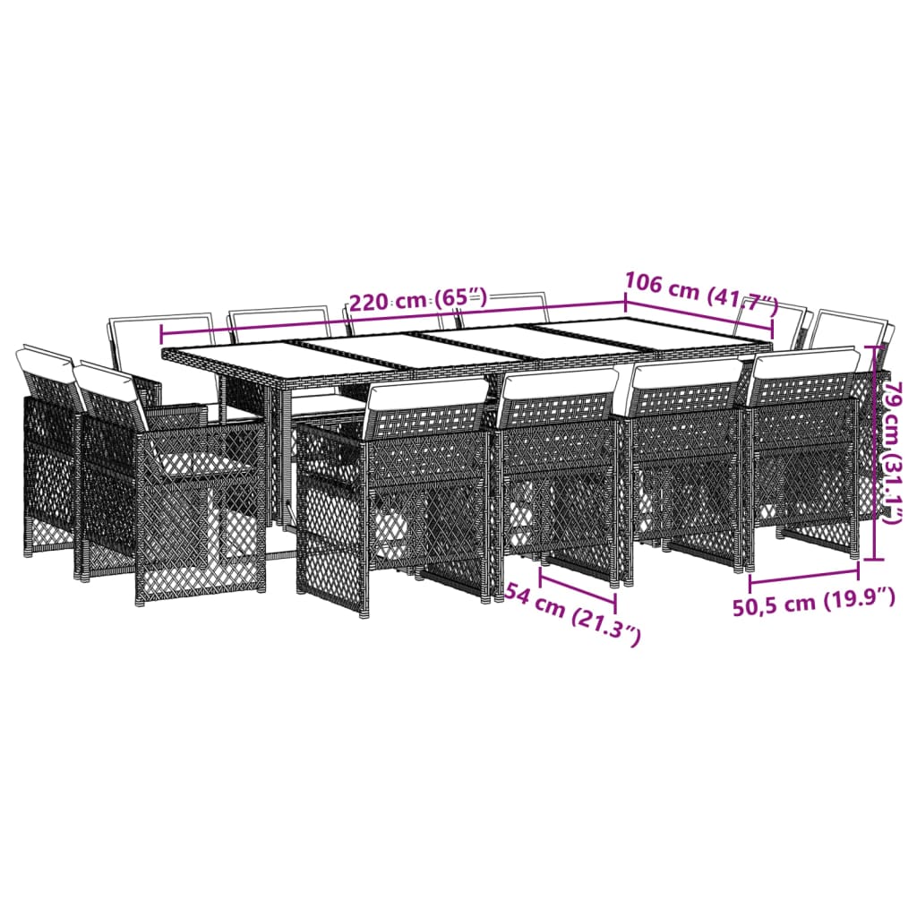 Set da Pranzo da Giardino 13pz con Cuscini Marrone Polyrattan