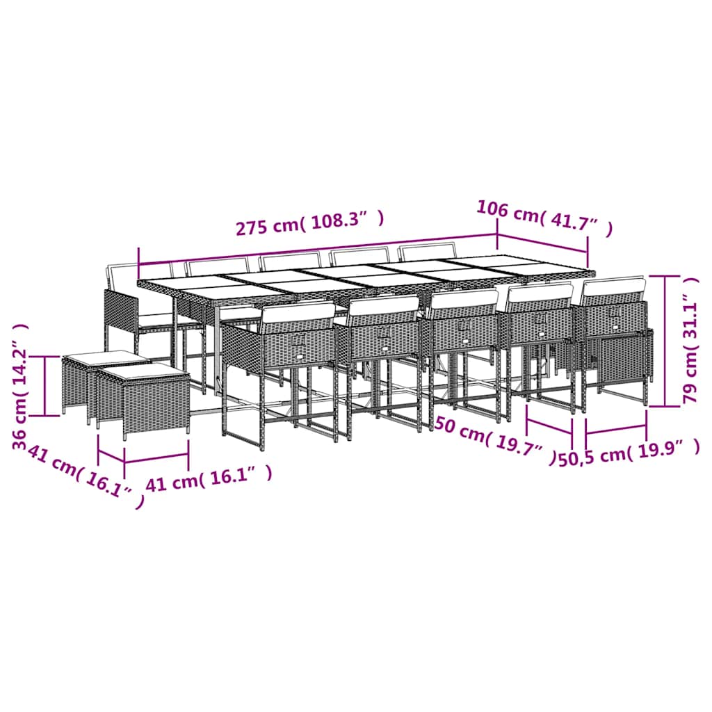Set da Pranzo da Giardino 15 pz con Cuscini Nero in Polyrattan | homemem39
