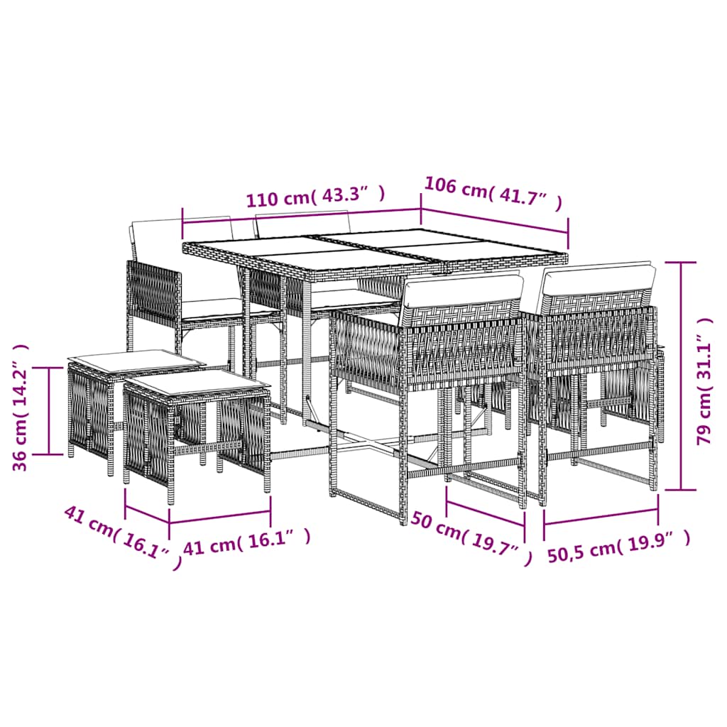 Set da Pranzo da Giardino 9 pz con Cuscini Nero in Polyrattan | homemem39