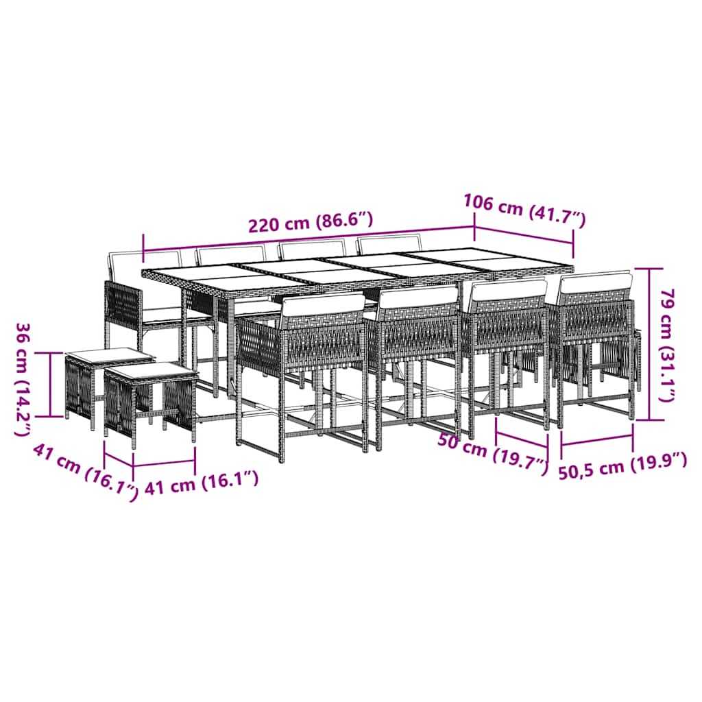 Set da Pranzo da Giardino 13pz con Cuscini Grigio in Polyrattan | homemem39