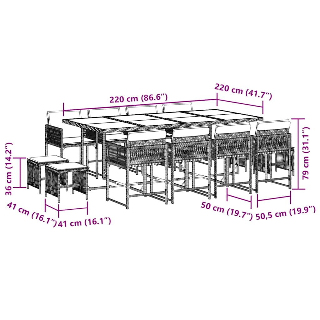 Set da Pranzo da Giardino 13pz con Cuscini Nero in Polyrattan