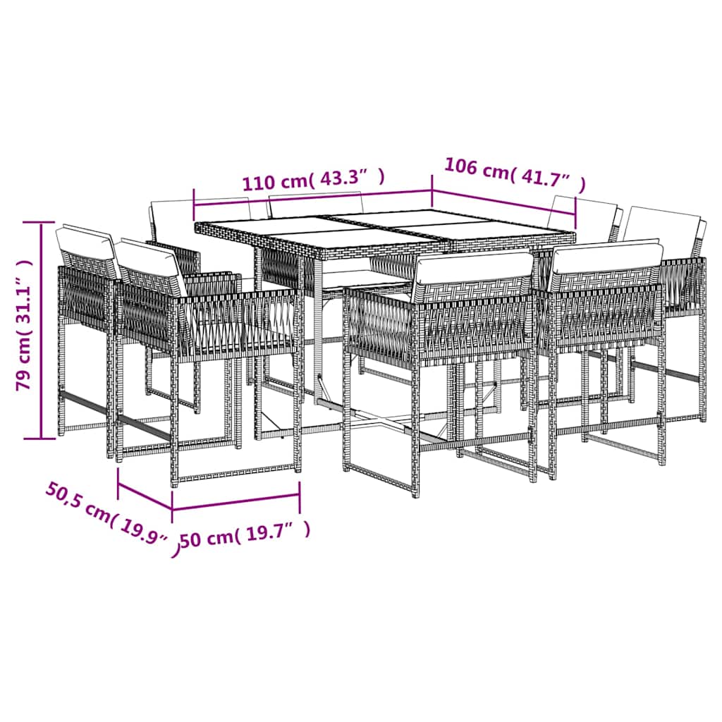 Set da Pranzo da Giardino 9 pz con Cuscini Nero in Polyrattan | homemem39