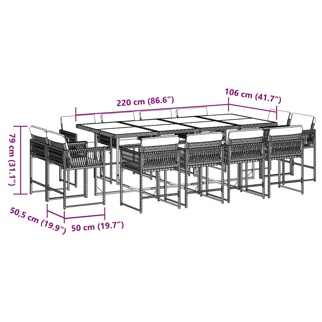 Set da Pranzo da Giardino 13pz con Cuscini Marrone Polyrattan