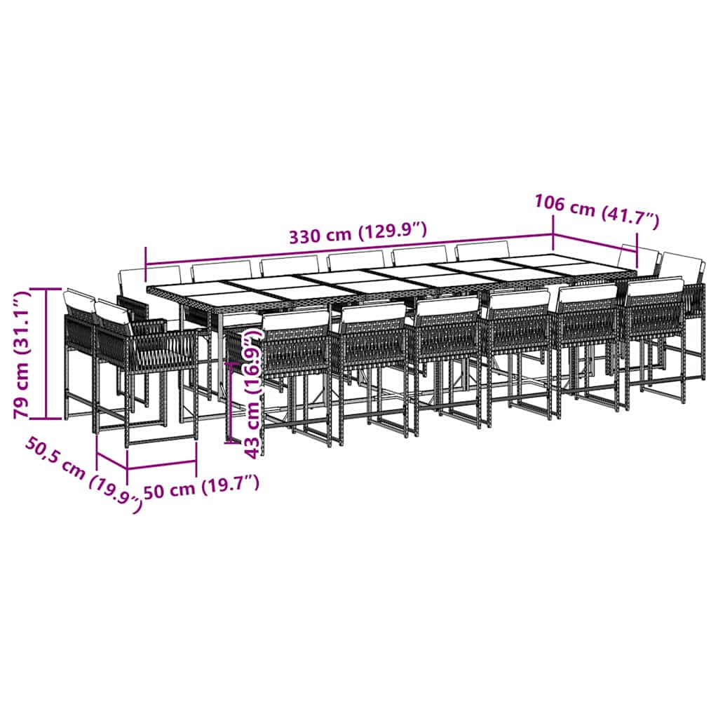 Set da Pranzo da Giardino 17 pz con Cuscini Nero in Polyrattan
