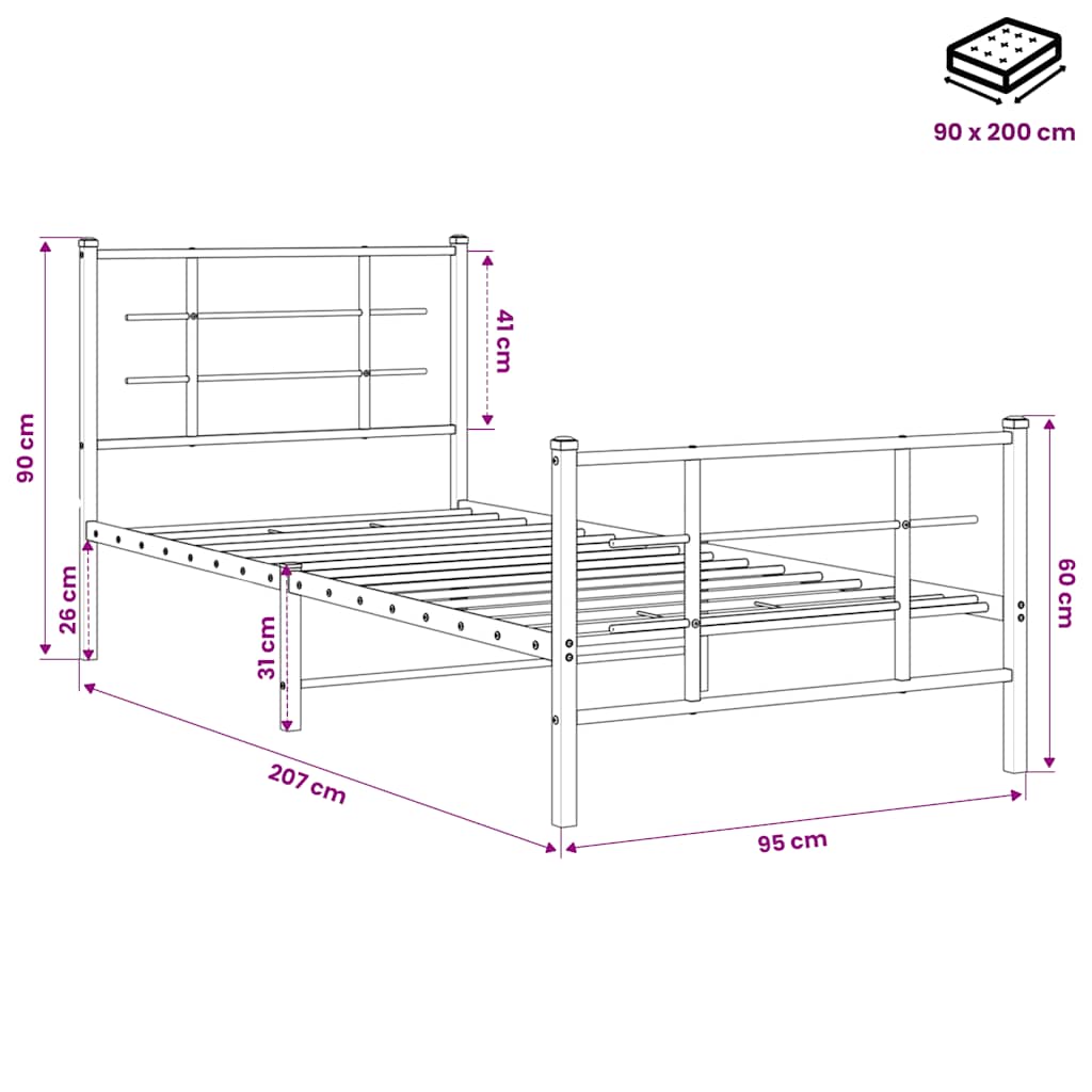 Giroletto con Testiera e Pediera Metallo Nero 90x200 cm | homemem39