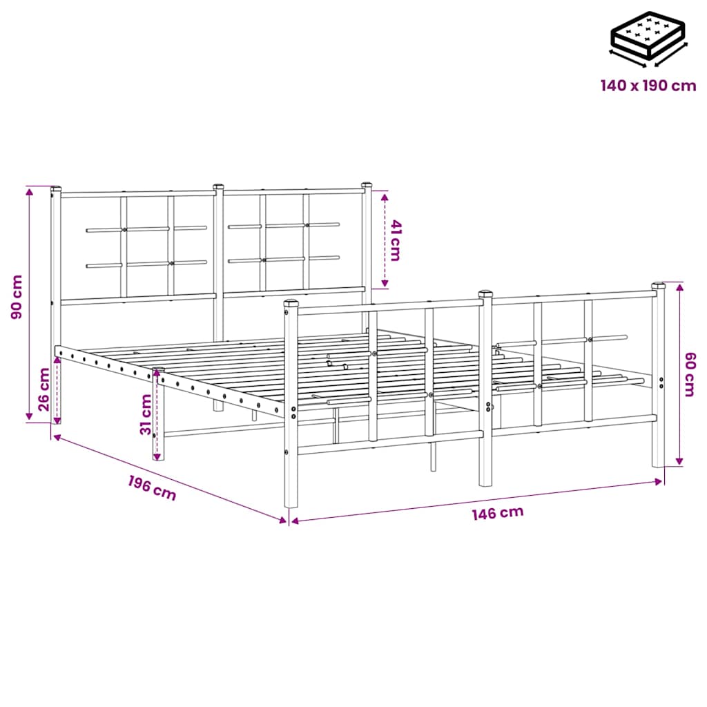 Giroletto con Testiera e Pediera Metallo Nero 140x190 cm | homemem39