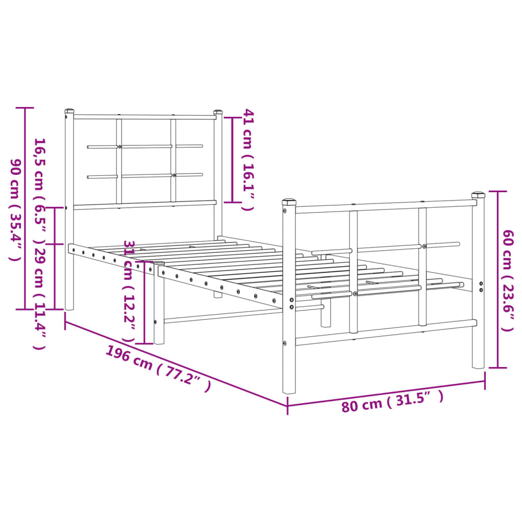 Giroletto con Testiera e Pediera Metallo Bianco 75x190 cm | homemem39