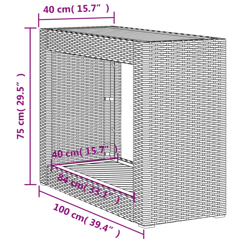 Tavolino da Giardino Piano Legno Grigio 100x40x75 cm Polyrattan | homemem39