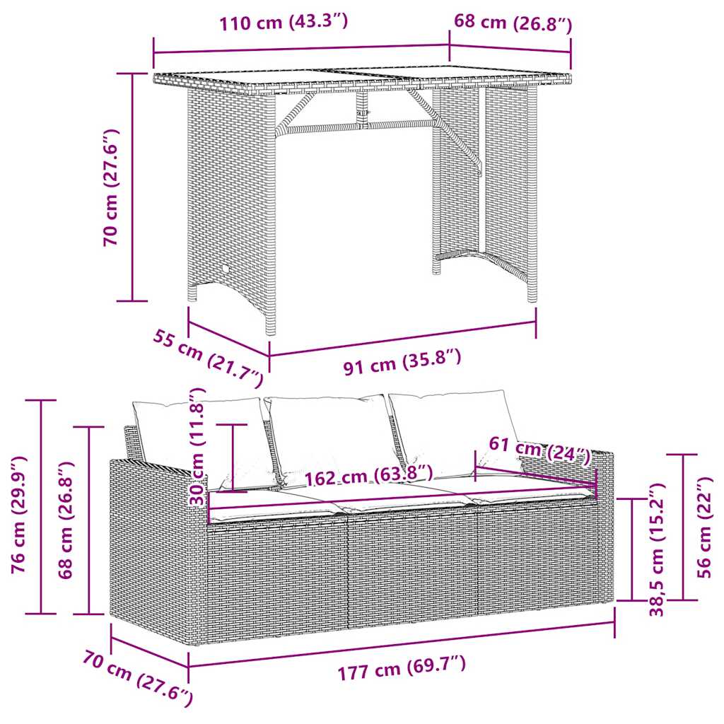 Set da Pranzo da Giardino 2pz con Cuscini in Polyrattan Marrone