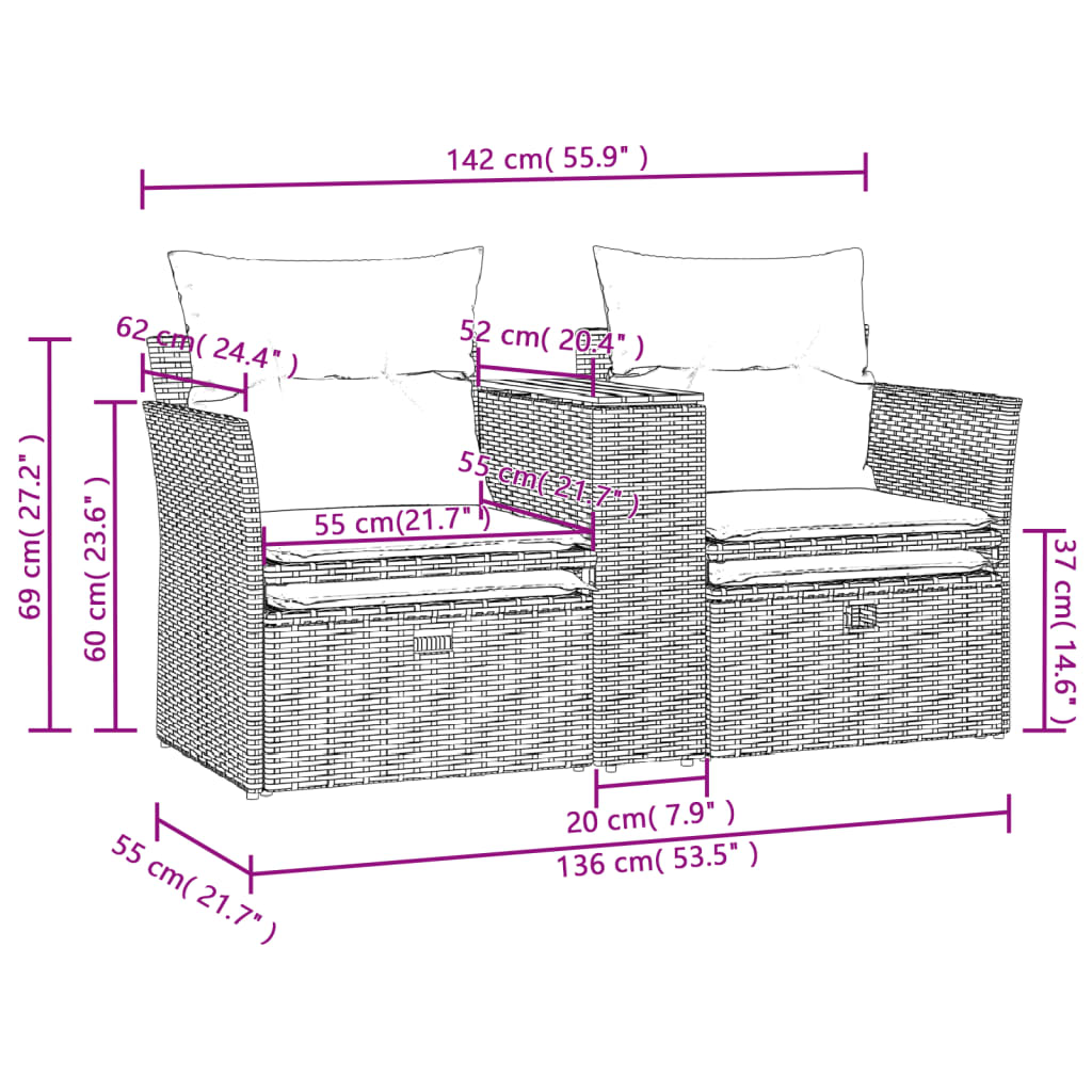 Divano da Giardino 2 Posti con Sgabelli Nero in Polyrattan | homemem39