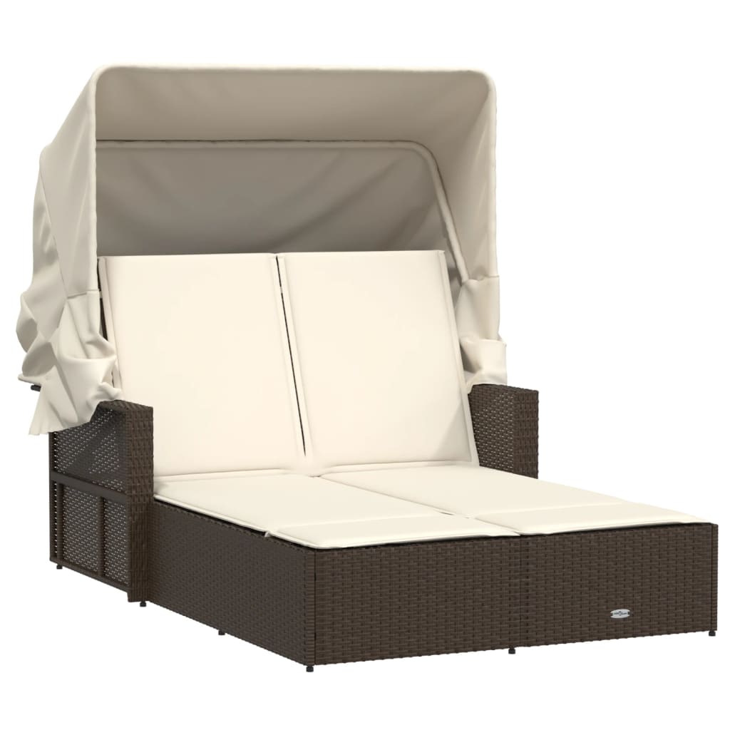 Lettino Doppio con Baldacchino e Cuscini Marrone in Polyrattan - homemem39