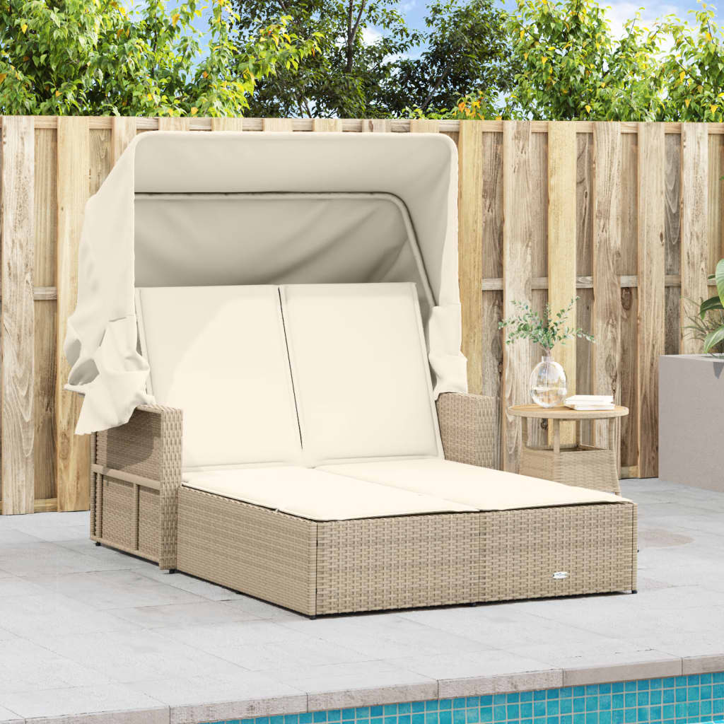 Lettino Doppio con Baldacchino e Cuscini Beige in Polyrattan - homemem39