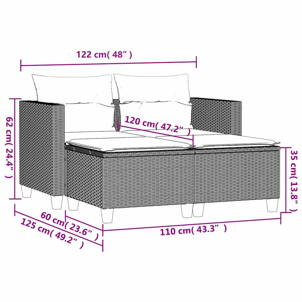 Divano da Giardino 2 Posti con Sgabelli Nero in Polyrattan | homemem39