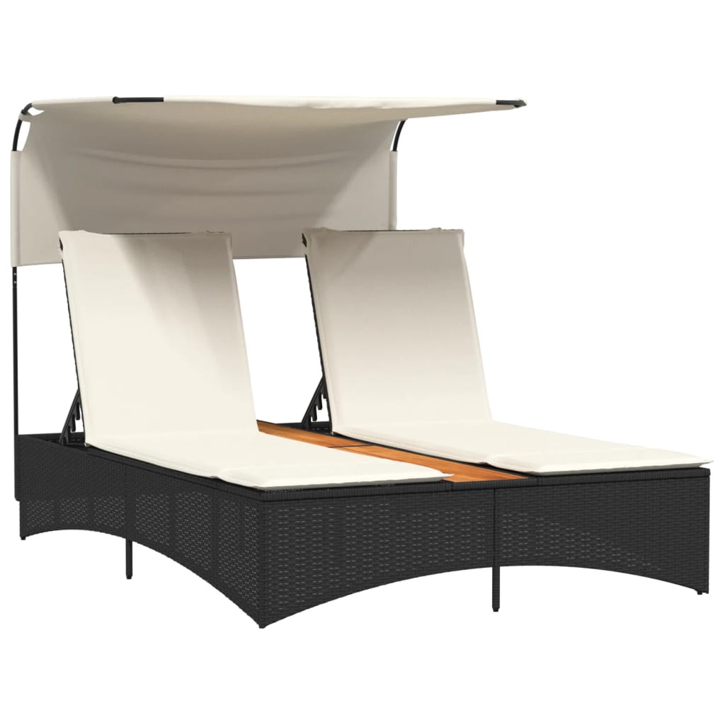 Lettino Prendisole Doppio Baldacchino e Cuscini Nero Polyrattan - homemem39
