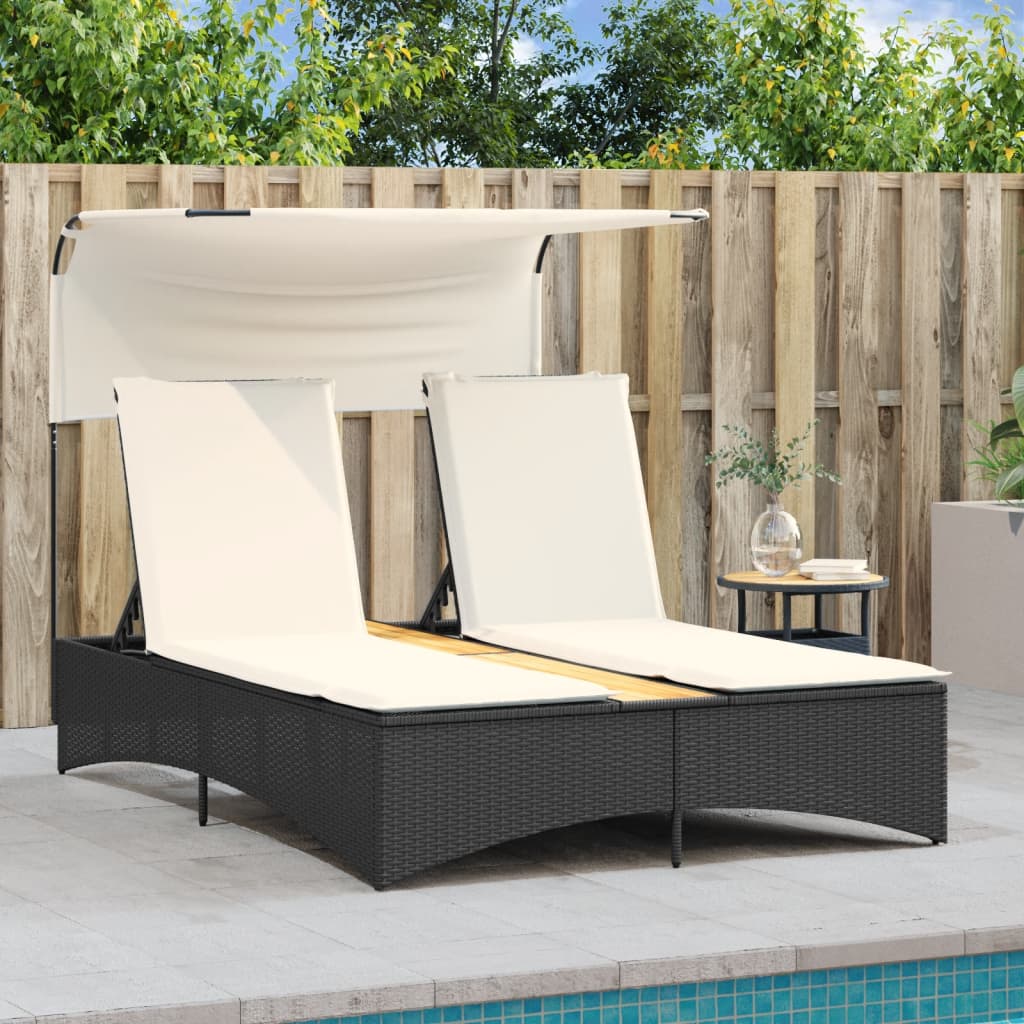 Lettino Prendisole Doppio Baldacchino e Cuscini Nero Polyrattan - homemem39