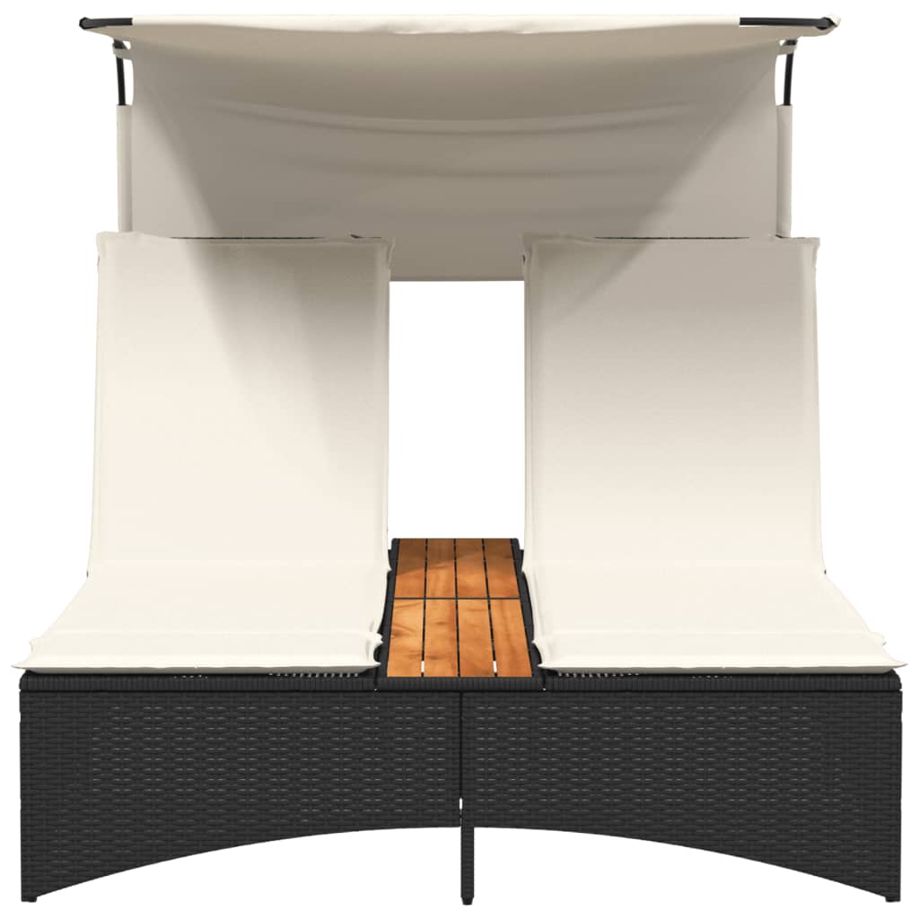 Lettino Prendisole Doppio Baldacchino e Cuscini Nero Polyrattan - homemem39