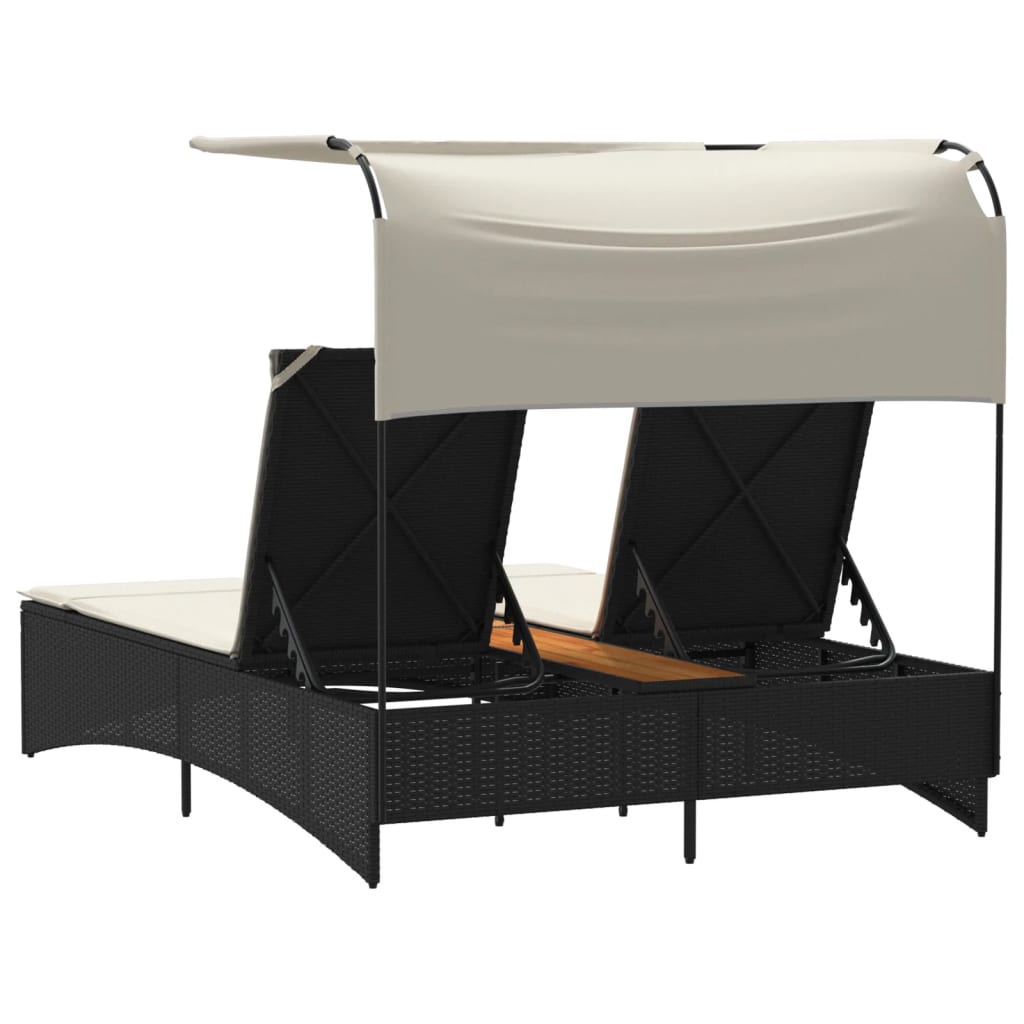Lettino Prendisole Doppio Baldacchino e Cuscini Nero Polyrattan - homemem39