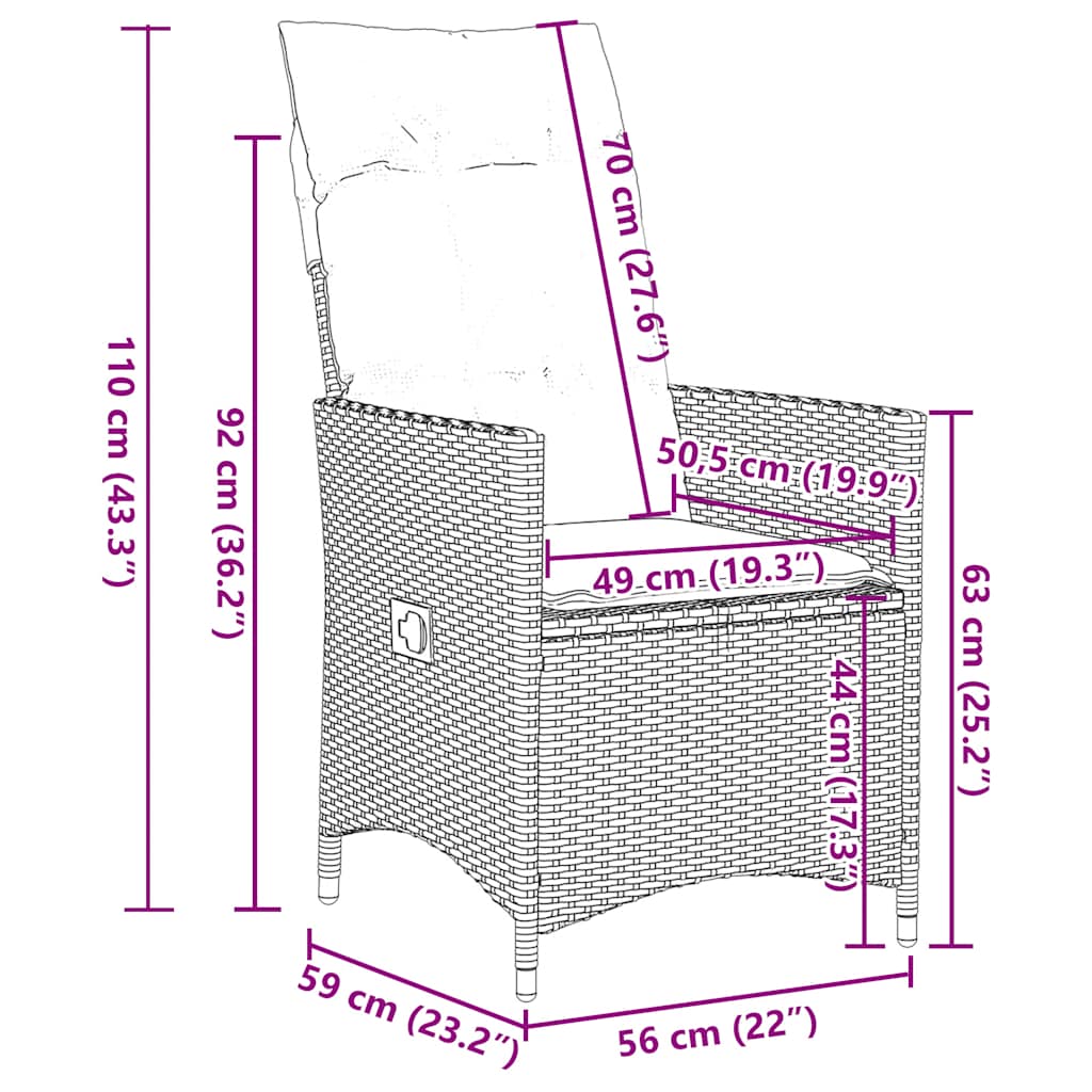 Sedie da giardino reclinabili 2 pz con cuscini grigie in polyrattan